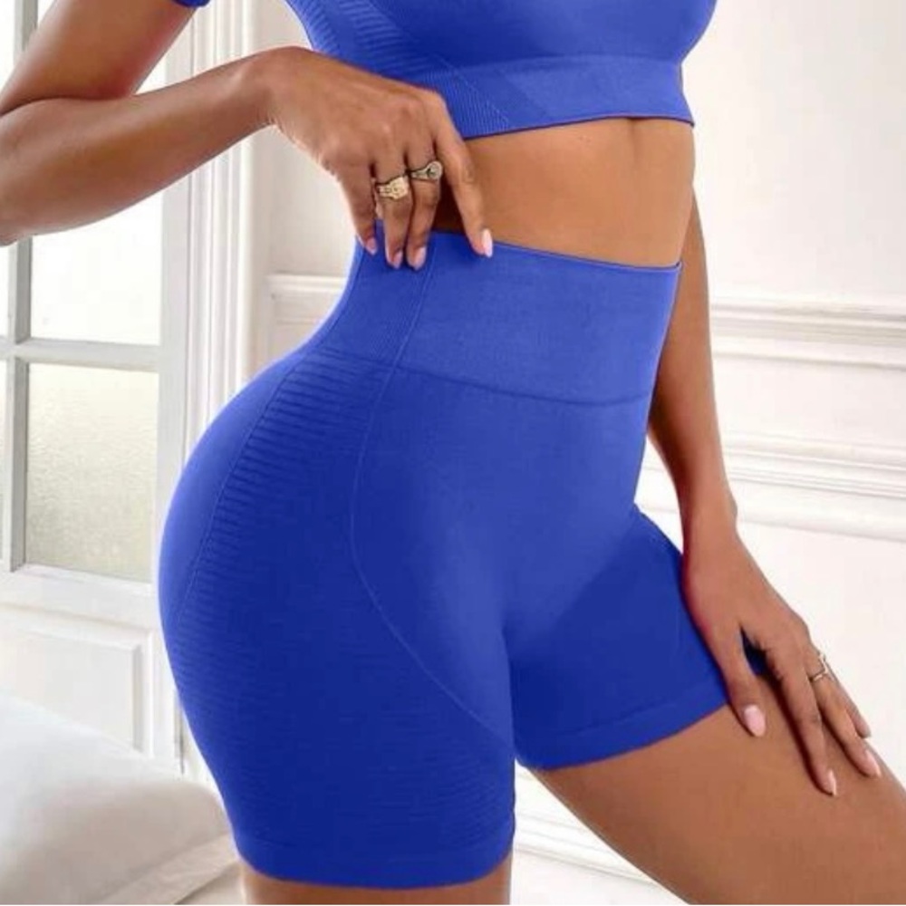 Blue Seamless Athletic Shorts High Stretch